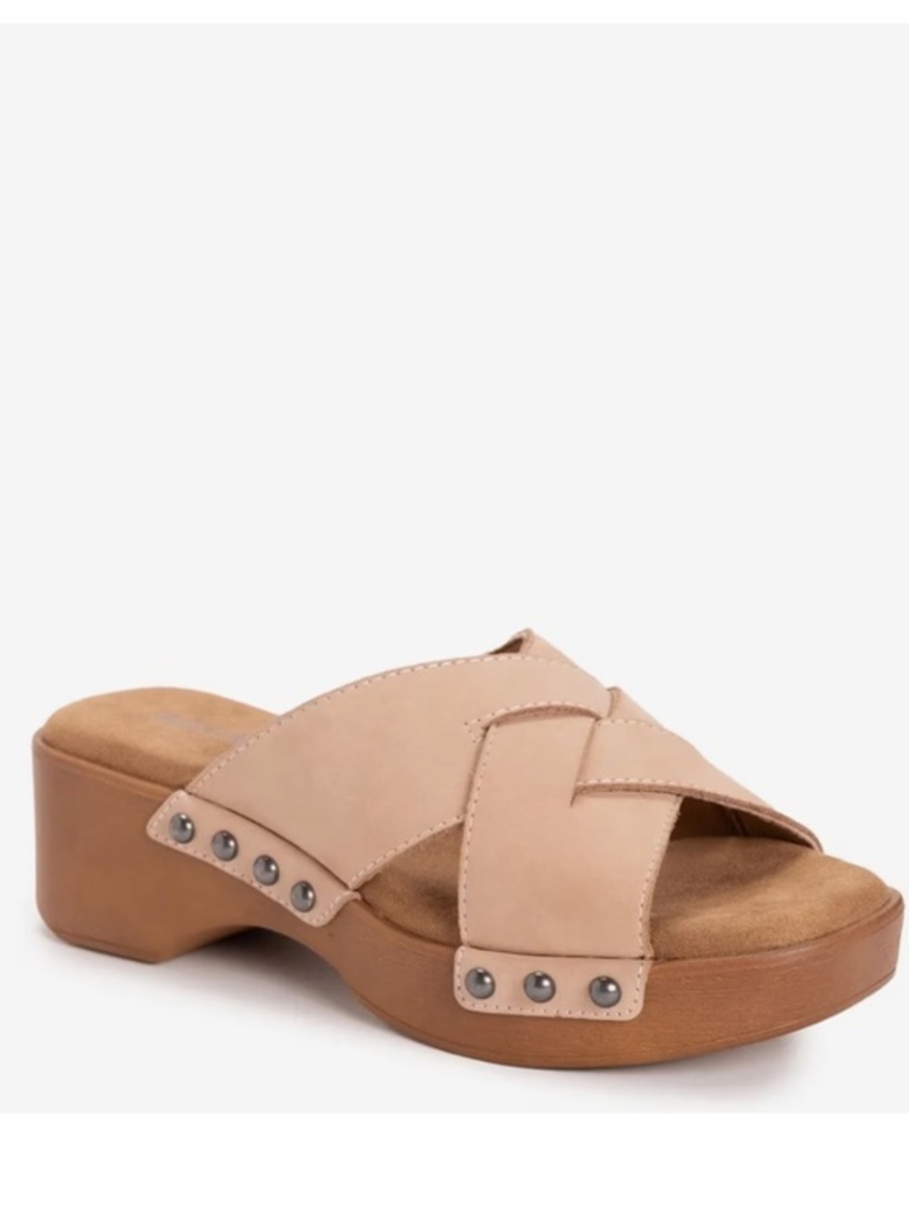 Tan Leather Crisscross Slide Clogs with Stud Accents